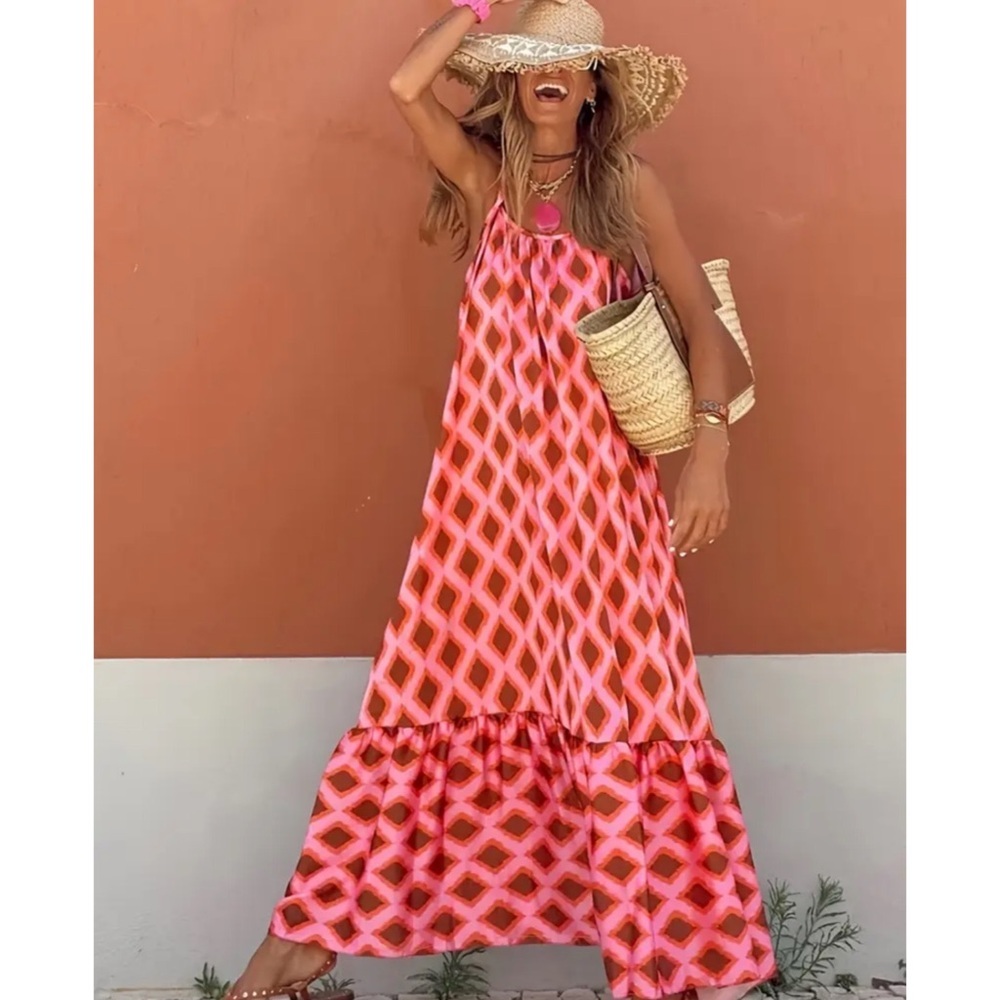 Women’s Pink Geometric Maxi Dress - Sleeveless Summer Dress